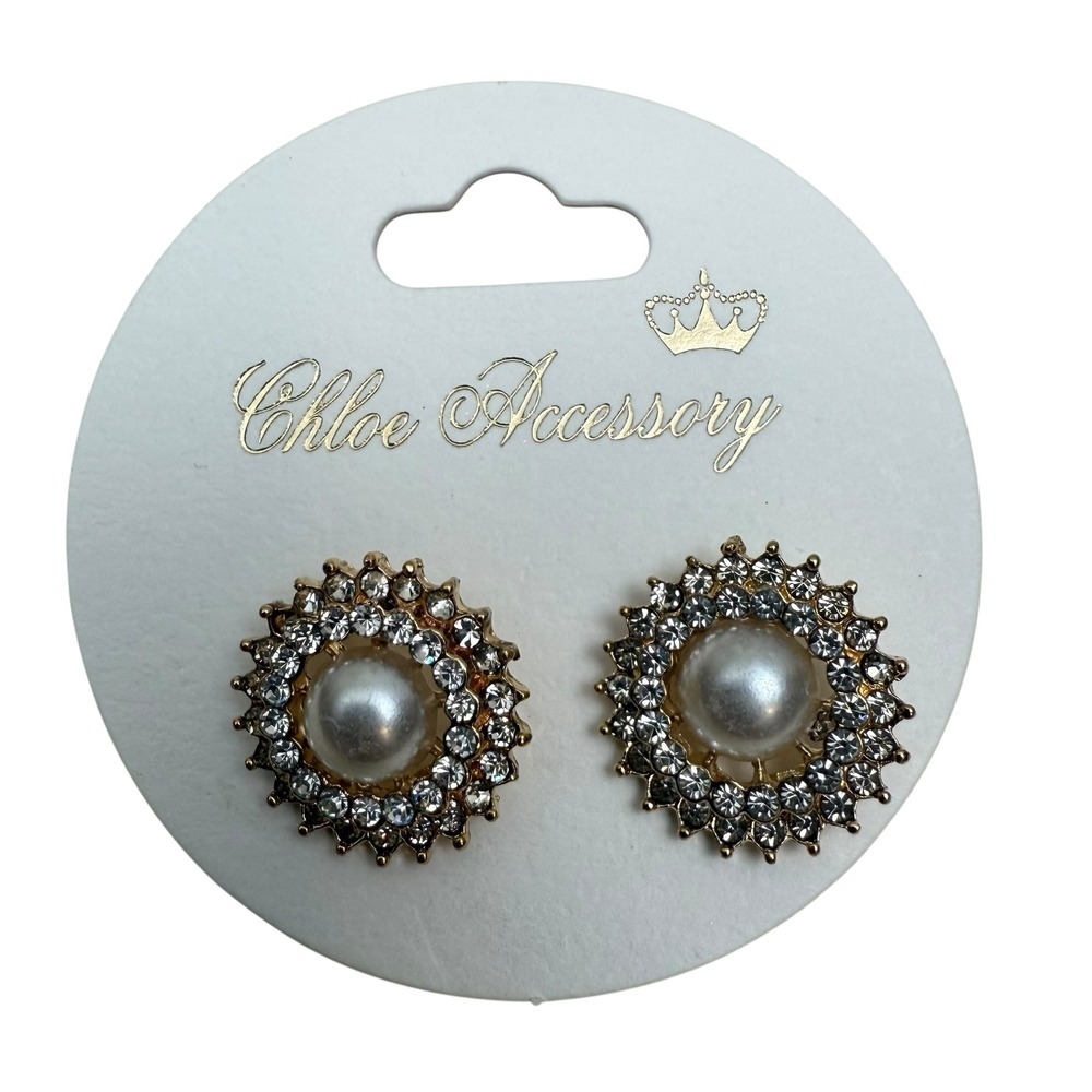 Chloe Accessory Pearl Stud Earrings Rhinestone Halo Gold Tone Elegant Pierced